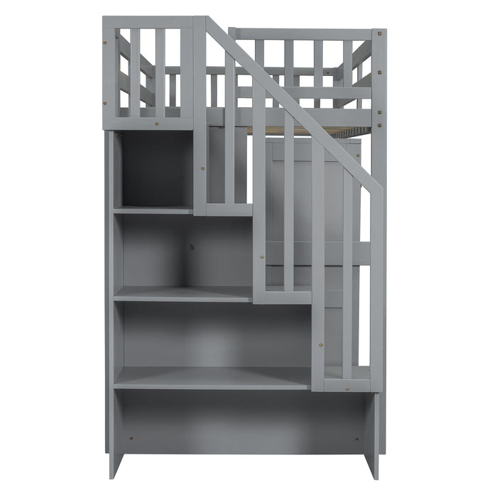 Loft Bed With Stairs, Bookshelf, Drawers, Desk & Wardrobe, Space Saving Multifunctional Furniture