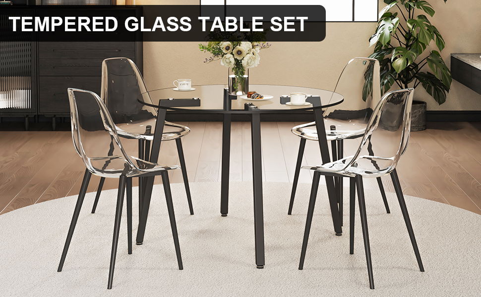 Modern Simple Style Round Transparent Tempered Glass Table, Black Metal Legs, 4 Piece Set of Modern Minimalist Transparent Dining Chairs With Black Metal Legs, Drt - 1123R Tw - 1200