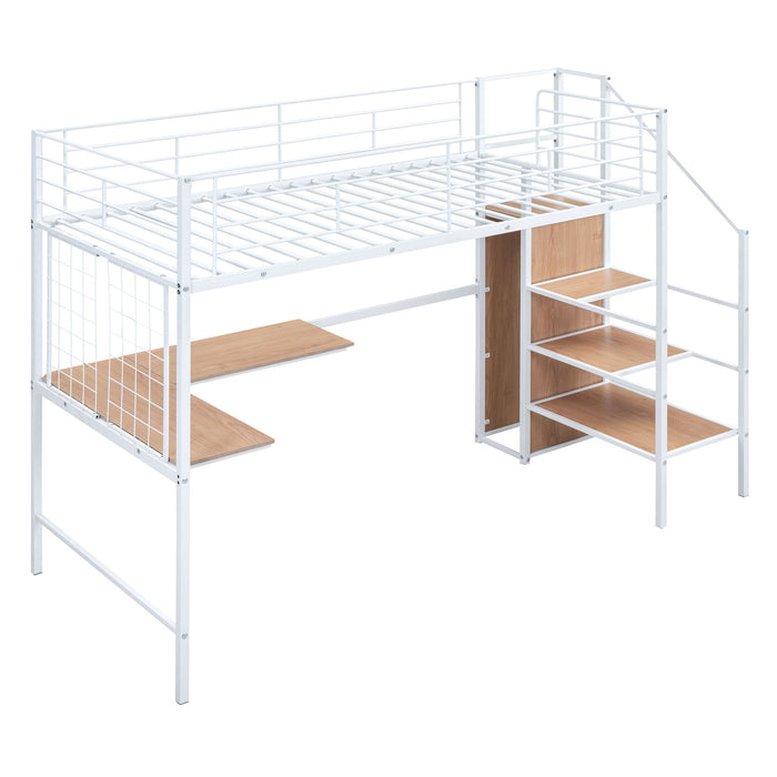 Loft Bed With Desk And Grid, Stylish Frame With Lateral Storage Ladder And Wardrobe