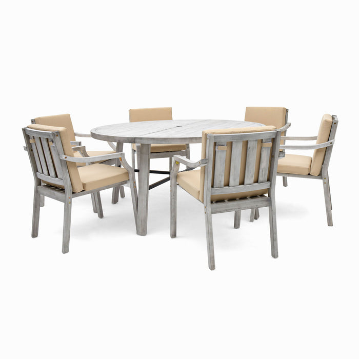 6 Person Outdoor Wooden Dining Set With Umbrella Hole And Removable Cushions For Patio - Gray