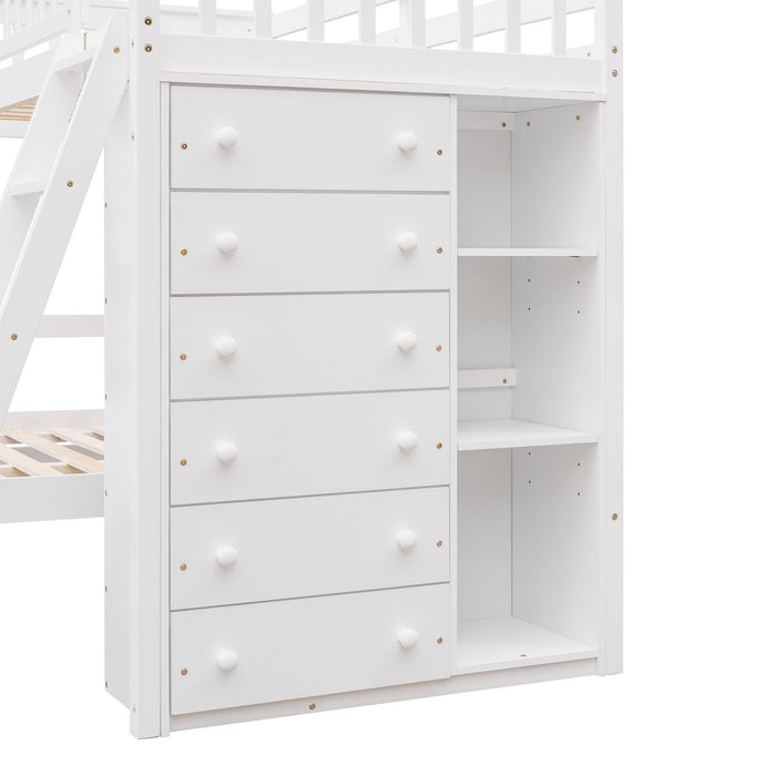 Wooden Twin Over Full Bunk Bed With Six Drawers And Flexible Shelves, Bottom Bed With Wheels, White (Old Sku:Lp000531Aak)