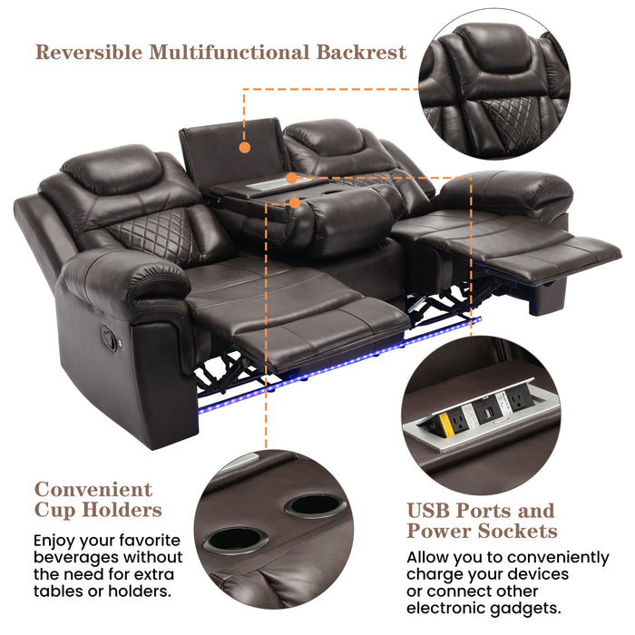 3 Pieces Recliner Sofa Sets Home Theater Seating Manual Recliner Chair & Center Console And LED Light Strip For Living Room - Brown