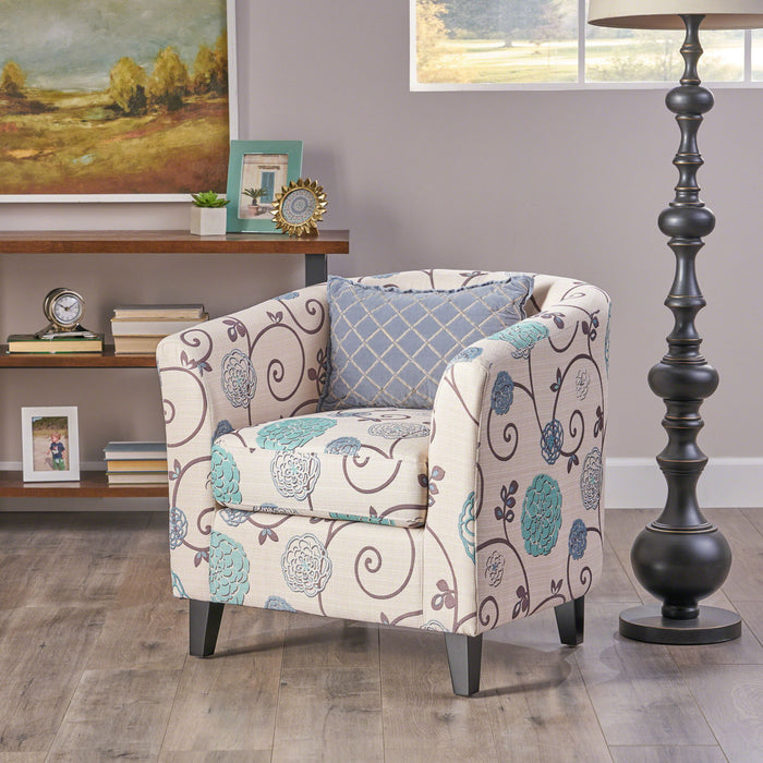 Club Chair With Floral Pattern And Solid Wood Legs - Multi Color