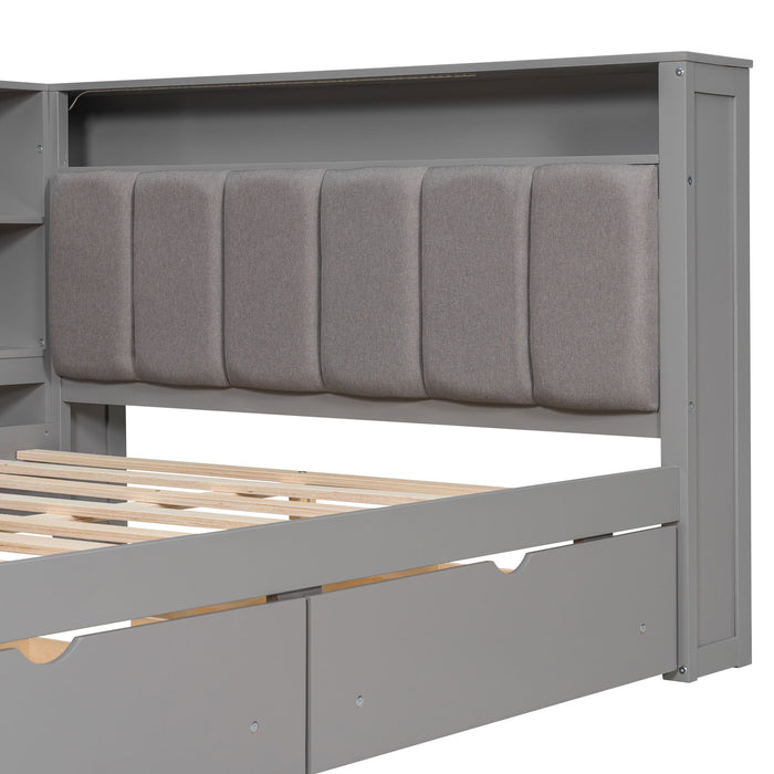 Platform Bed With Upholstered Headboard, Storage Shelves, Drawers, Charging Station, LED Lighting, Built In Desk