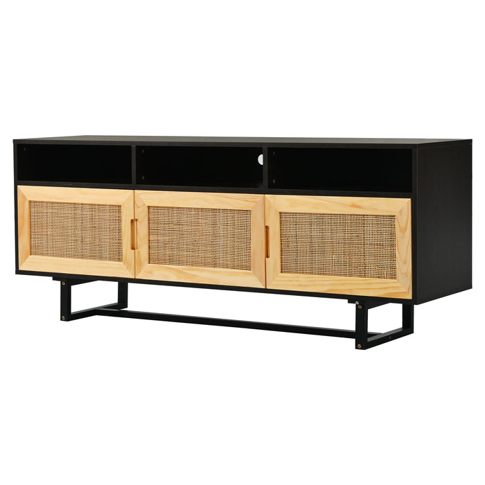 Trexm Retro Rattan Console Table 3 Door TV Stand Media Console With Open Shelves For TV Stand Under 75" (Espresso)