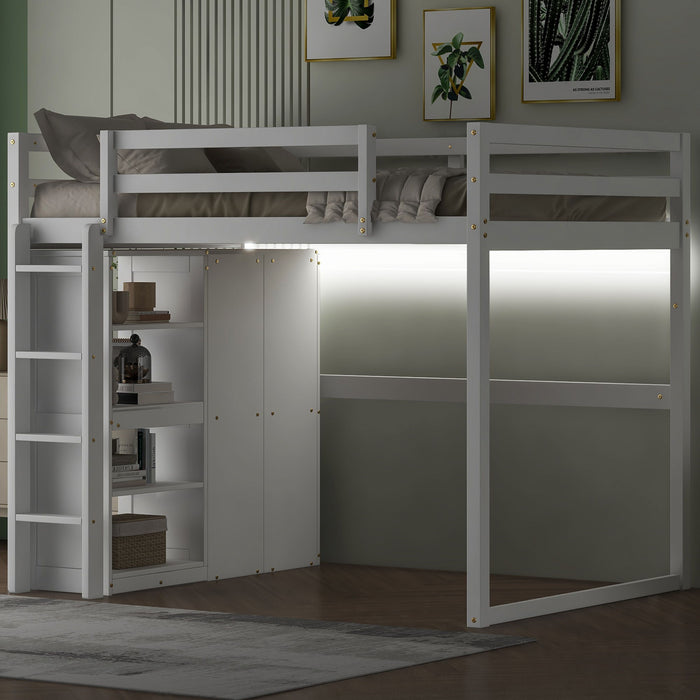 Loft Bed With Built In Wardrobe, Storage Shelves, And LED Light