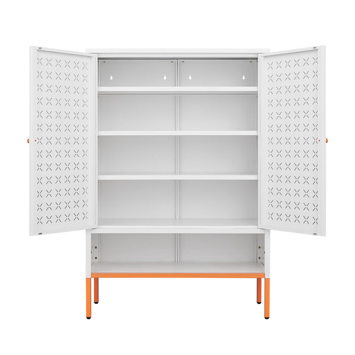 Grid Double Door Shoe Cabinet With Adjustable Compartments And Moisture-Proof Design In White Metal