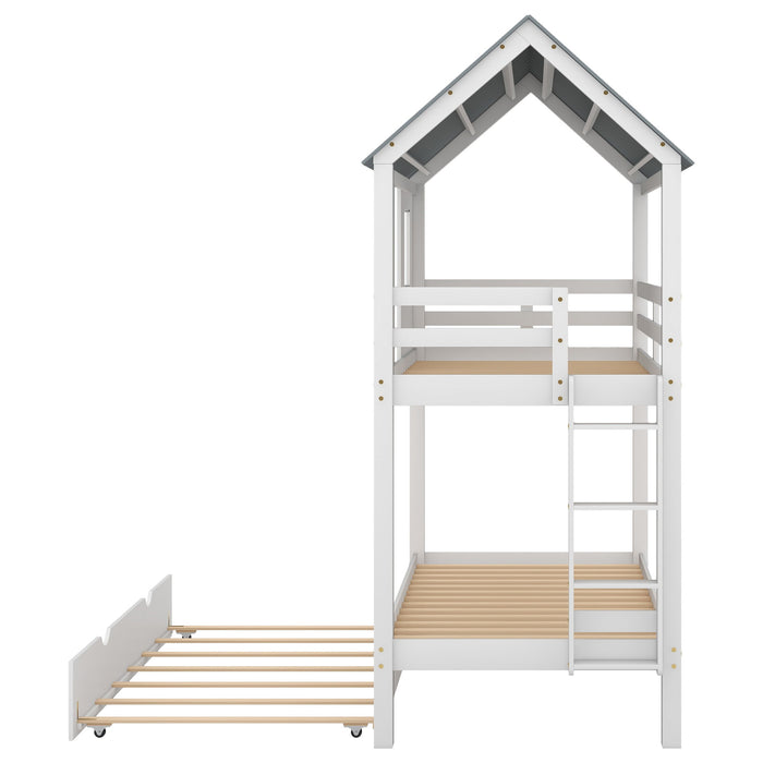 Twin Size House Bunk Bed With Trundle, Roof And Windows - White / Gray
