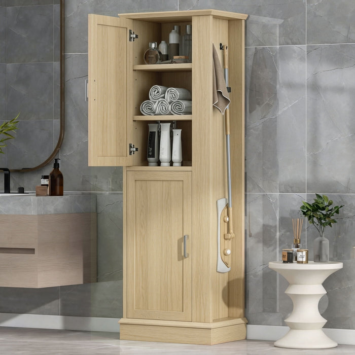 Tall Freestanding Bathroom Storage Cabinet With Adjustable Shelves And Side Hooks
