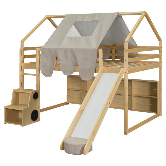 Loft Bed With House Shaped Frame And Tent