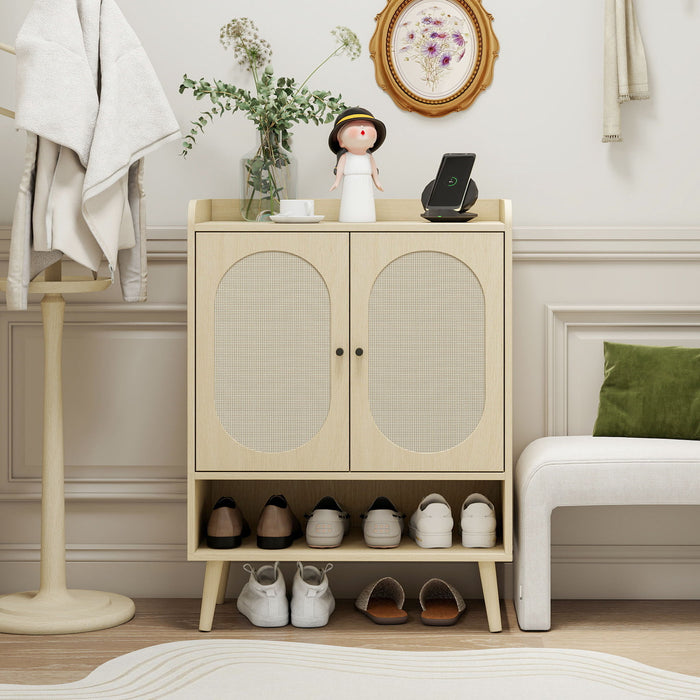 2 Door Shoe Rack, Freestanding, Modern Shoe Storage Cabinet, For Entryway - Natural