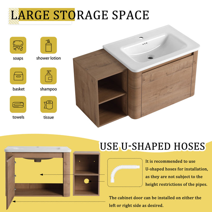 Wall Mounted Bathroom Vanity & Sink, Storage Shelves & Soft Close Door