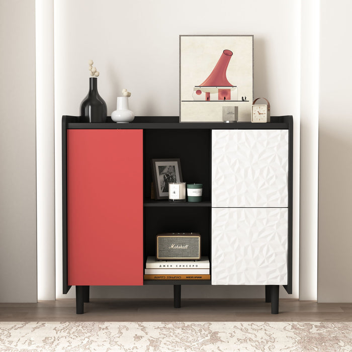 Modern Sideboard Buffet Cabinet With Red Doors And Unique Panel Styling