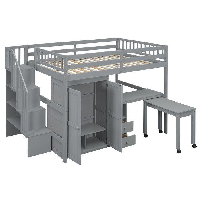 Loft Bed With Stairs, Bookshelf, Drawers, Desk & Wardrobe, Space Saving Multifunctional Furniture
