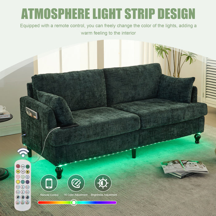 Chenille 2 Seater Sofa With LED Light, USB Charging Port, And Storage Bag