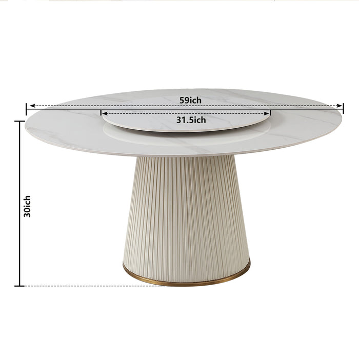 Modern Sintered Stone Dining Table With 31.5" Round Turntable For 8 Person With Wood And Metal Exquisite Pedestal