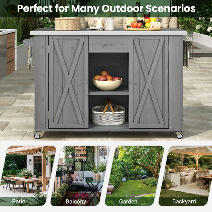 Outdoor Kitchen Island With Stainless Steel Top, Ample Storage Space, Towel And Spice Racks And A Bottle Opener