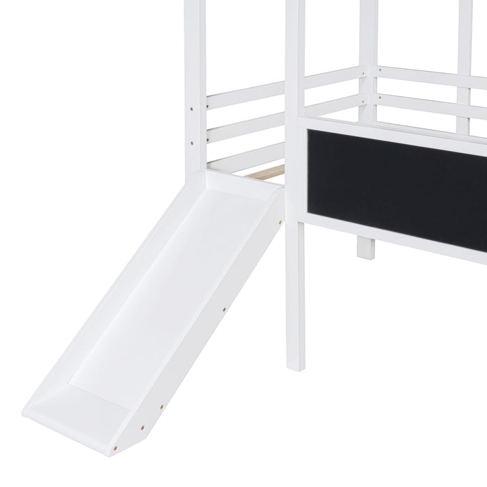 Loft House Bed With Ladder And Slide, With Blackboard And Light Strip On The Roof