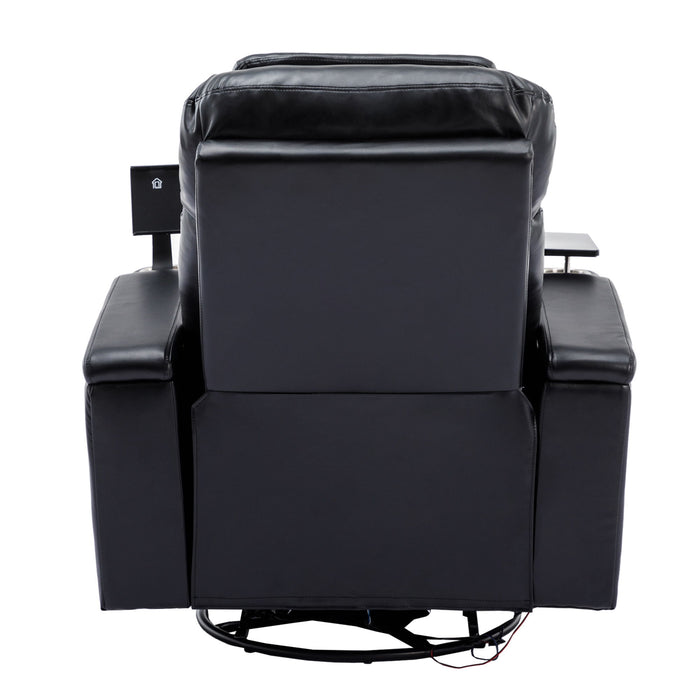 270° Power Swivel Recliner Home Theater Chair With Hidden Arm Storage, LED Light, Cup Holder, And Tray Table