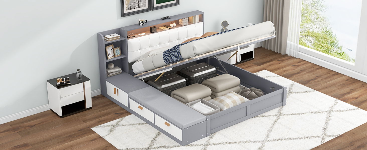 Queen Size Platform Bed Frame With Upholstery Headboard And Storage Shelves And, USB Charging, Gray
