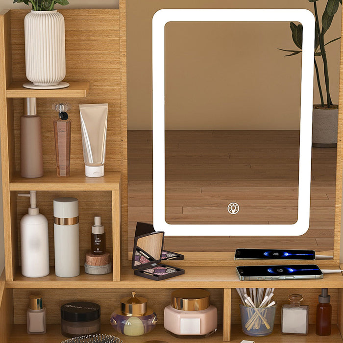 Vanity Table With LED Mirror, Power Outlet, Hairdryer Holder & Padded Stool, Compact Dressing Desk For Small Bedrooms - Wood