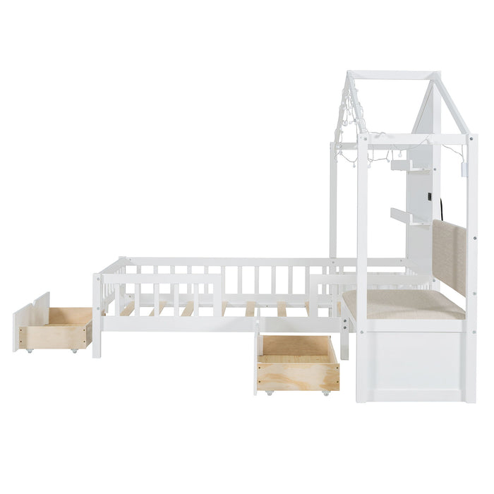 House Bed With Upholstered Sofa, Wireless Charging Station, Shelves And 2 Drawers