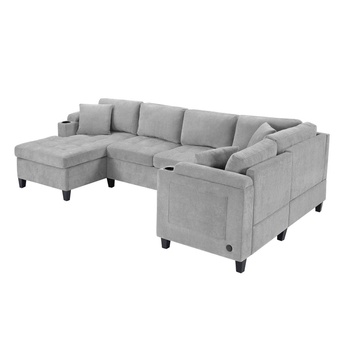 U Shaped Sectional Sofa, Corner Living Room Couch With Built In Cup Holders, Storage, USB Ports