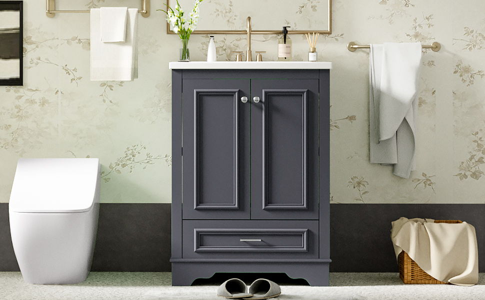 Bathroom Vanity With Ceramic Sink Combo, Modern Freestanding Storage Cabinet With Silver Handles