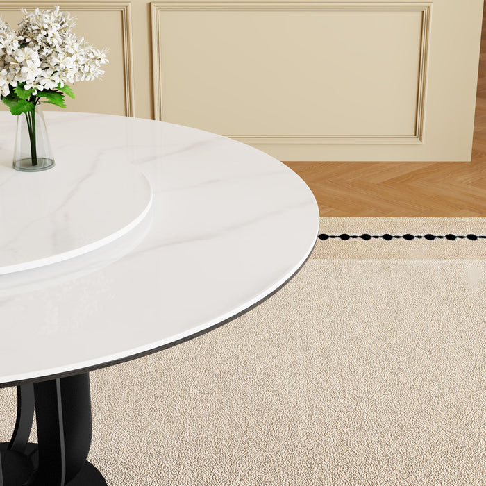 Round Dining Table With Carbon Steel Base And Lazy Susan / For Kitchen And Dining Room, 4 Chairs - Black / White