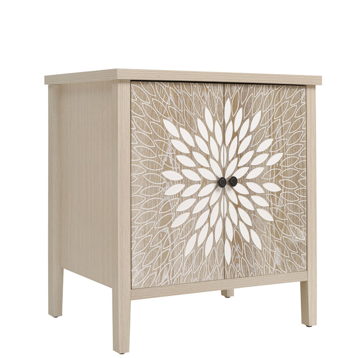 2 Door Carved Storage Cabinet With Adjustable Shelf, Accent Furniture