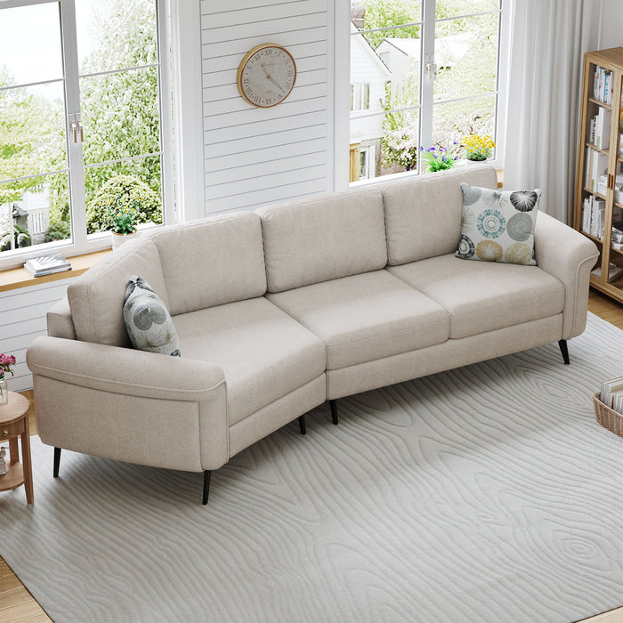 Upholstered 3 Seater Curved Sofa With Printed Pillows Chenille