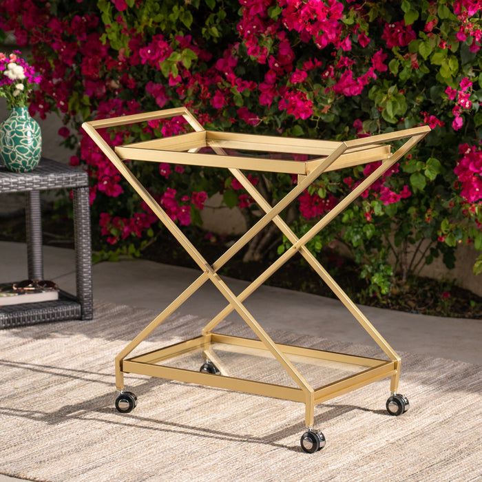 Sherianne - Industrial Bar Cart With Tempered Glass Shelves And Swivel Wheels - Gold