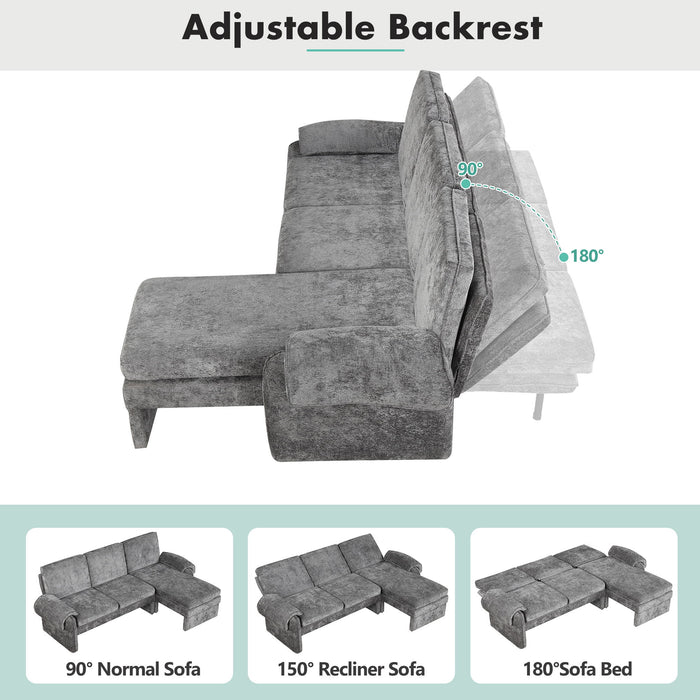 Convertible Futon Sofa Bed With Adjustable Backrest, Reversible Chaise Lounge And 2 Removable Armrest Pillows