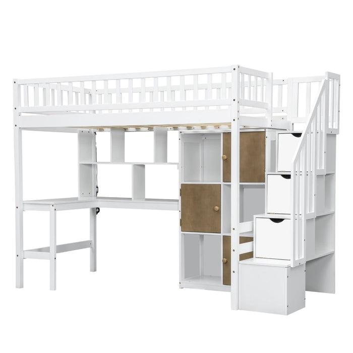 Loft Bed With Built In L Shaped Desk, LED Lights, Storage Shelves, Cabinets, And Staircase