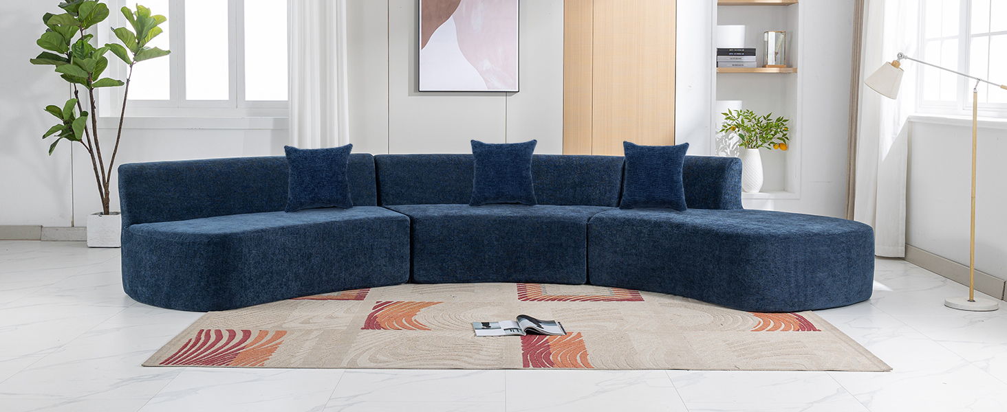 136.6" Stylish Curved Sofa Sectional Sofa Chenille Fabric Sofa Couch With Three Throw Pillows For Living Room, Blue