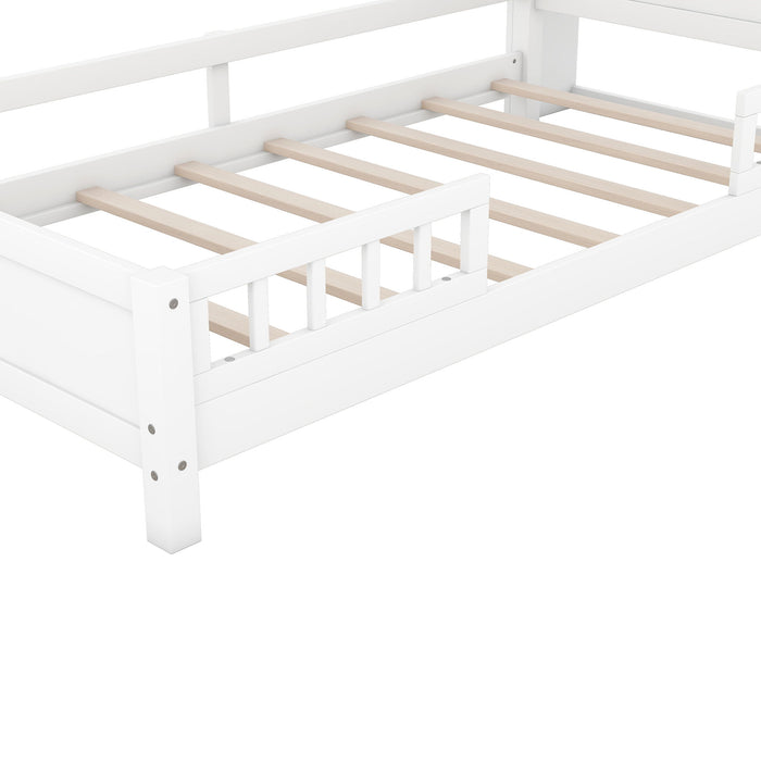 Wood Platform Bed With Built In LED Light, Storage Headboard And Guardrail