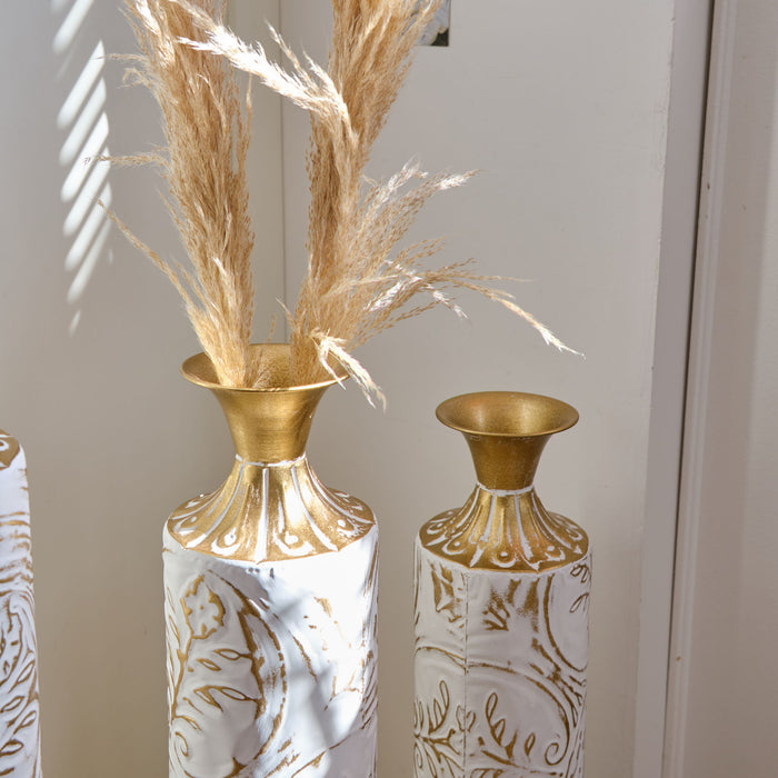 Floor Metal Vases Decorated Metal Vases (Set of 3) Gorgeous Home Decoration Large Glazed Metal Vases - White / Gold