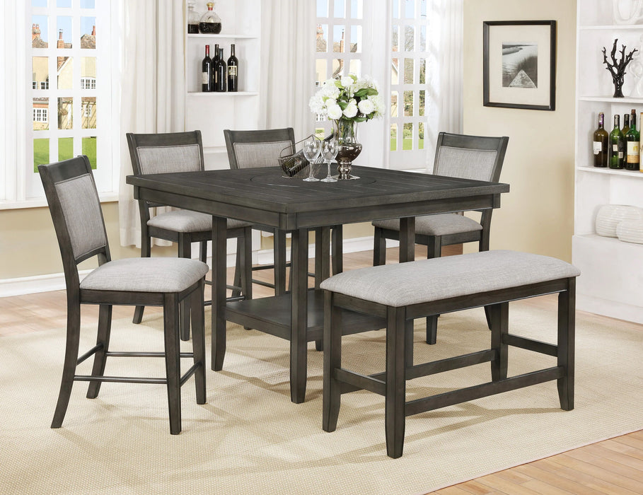 6 Pieces Dining Set Contemporary Farmhouse Style Counter Height 20" Lazy Susan Gray Tow-Tone Finish Upholstered Chairs Bench Wooden Wood Veneers Solid Wood Dining Room Furniture