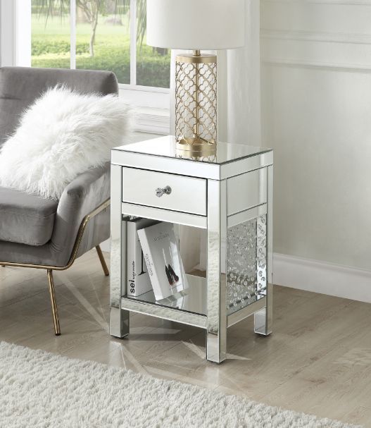 Nysa - 18" X 14" Accent Table - Mirrored & Faux Crystals