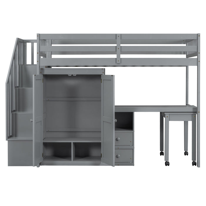 Loft Bed With Stairs, Bookshelf, Drawers, Desk & Wardrobe, Space Saving Multifunctional Furniture