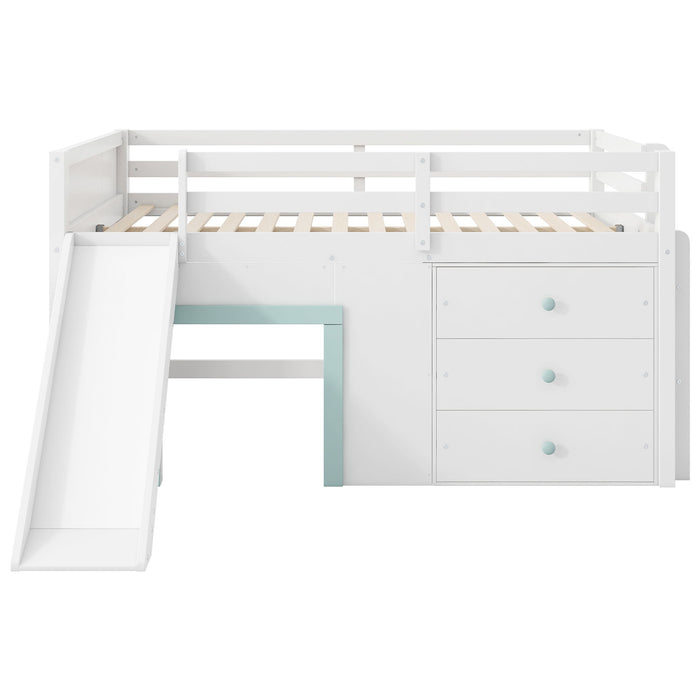 Modern Low Loft Bed With Slide, 3 Storage Drawers, And 2 Doors