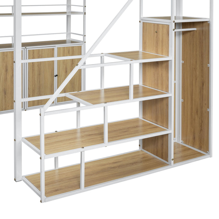 Full Size Loft Bed With Storage Staircase, Wardrobe, Shelves, And Lockers Natural Mdf Details - White / Natural