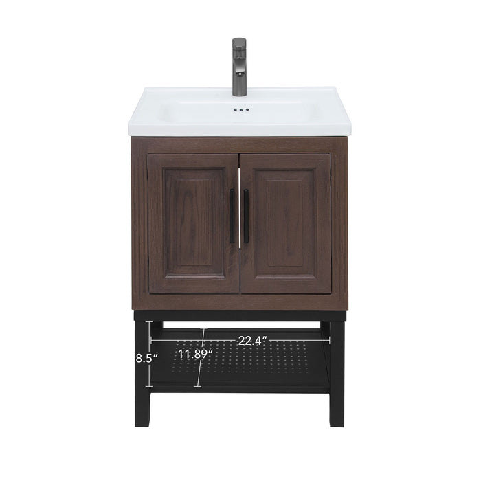 Modern Freestanding Bathroom Vanity With Ceramic Sink, Hot And Cold Faucet, Storage Cabinet & Open Shelf