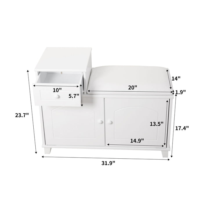 White Shoe Storage Bench Cabinet With Fireproof PU Cushion, Double Doors And Movable Drawer Wood For Door Entrance