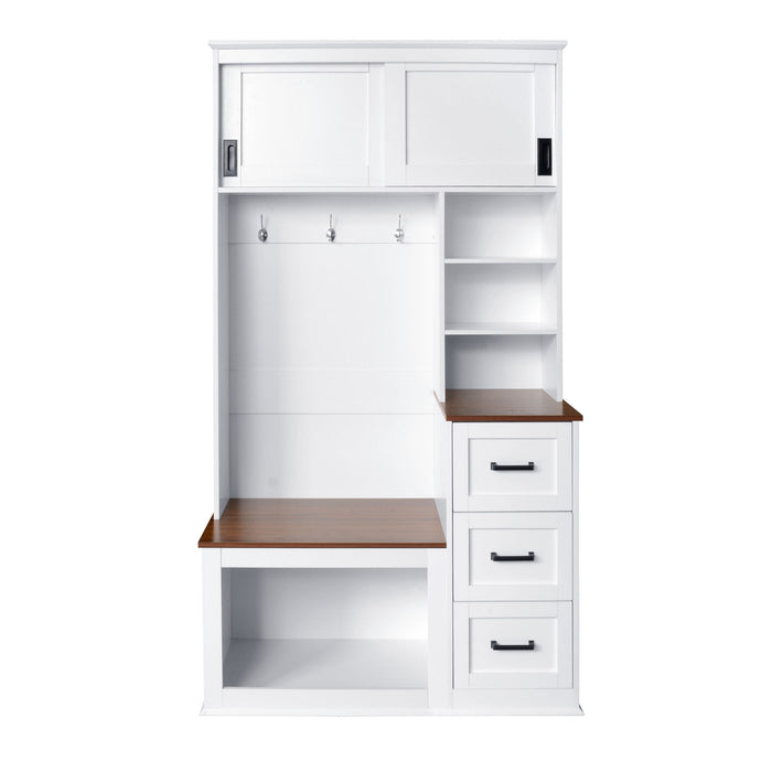 Modern Wide Hall Tree With Coat Rack, 3 Shelves And Drawers, 3 Sturdy Hooks
