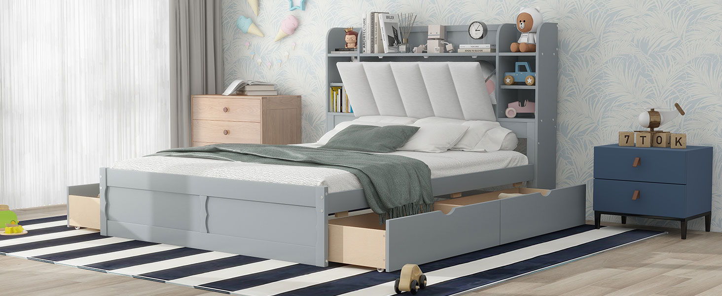 Wood Queen Size Platform Bed With Storage Headboard, Shelves And 4 Drawers, Gray