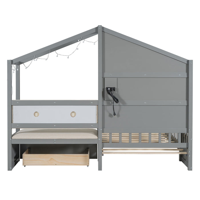 House Bed With Upholstered Sofa, Wireless Charging Station, Shelves And 2 Drawers