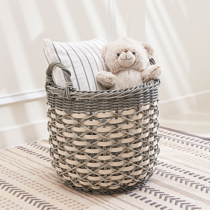 Round Resin Woven Wicker Multi Use Storage Basket With Handles - Cream / Gray