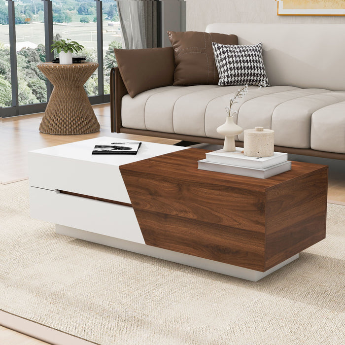 Extendable Sliding Top Coffee Table With Storage, Rectangle Shape - White / Walnut