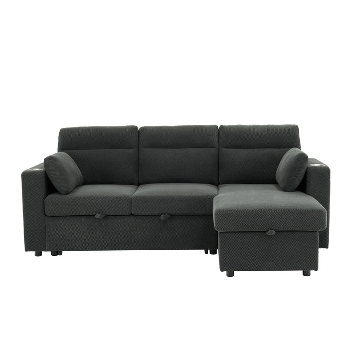 Convertible L - Shaped Sectional Sofa Bed With Storage Chaise, Cup Holders